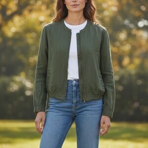 Cynthia Rowley Olive Green 100% Linen Zip Bomber Jacket Coastal Grandmother M